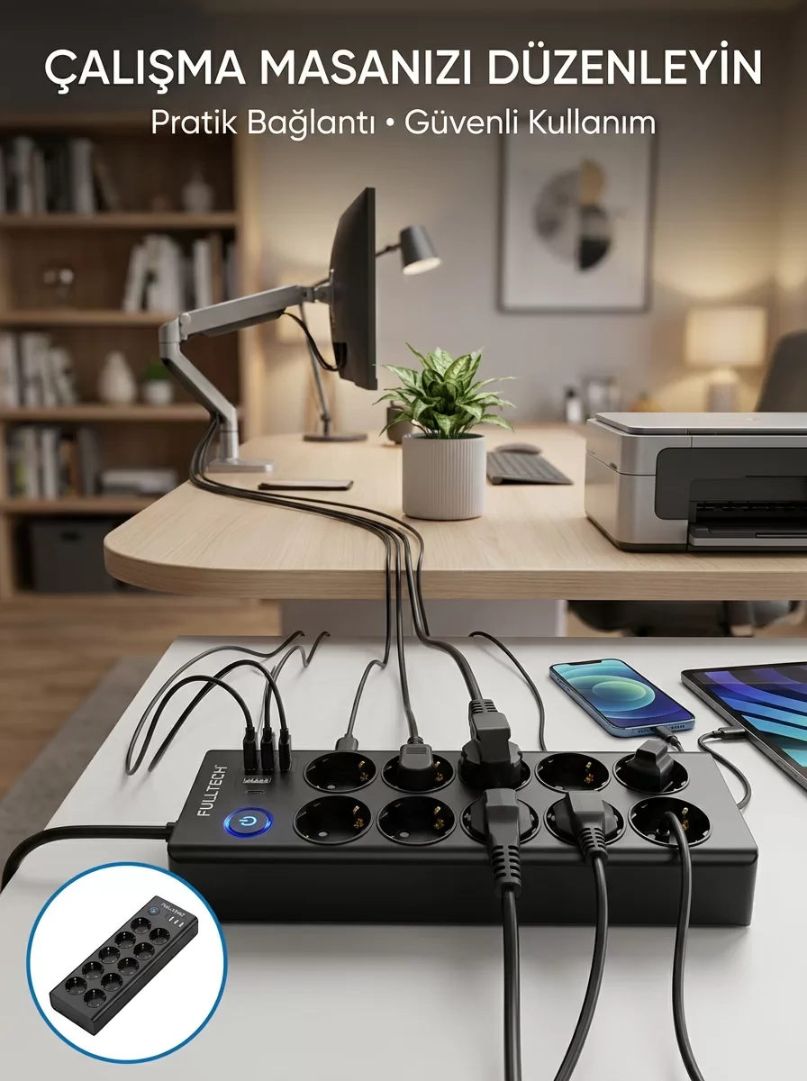 Northcity Akım Korumalı 10'lu Çoklu Priz USB-A ve Type-C Şarj Çık