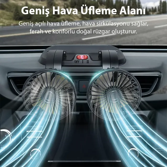 Ally F410 USB Çift Başlıklı Araç Fanı ve Numaratör – Sessiz Oto Vantilatör