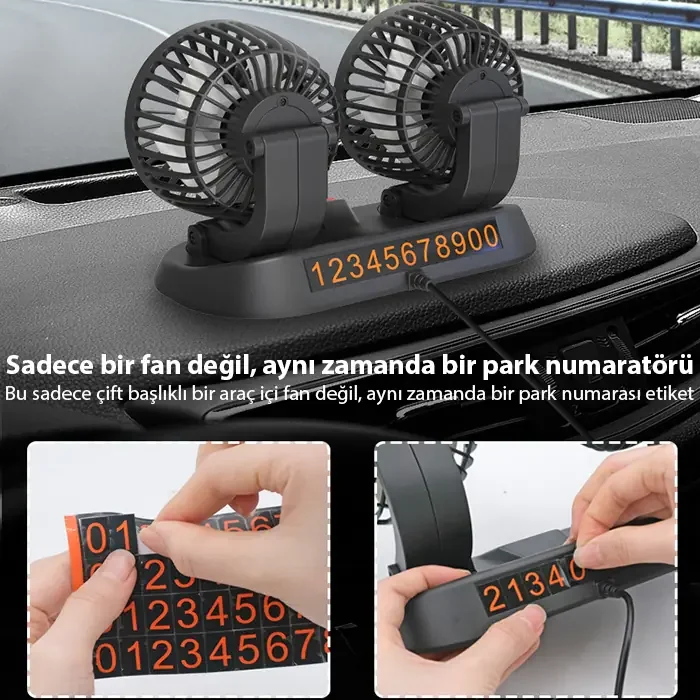 Ally F410 USB Çift Başlıklı Araç Fanı ve Numaratör – Sessiz Oto Vantilatör