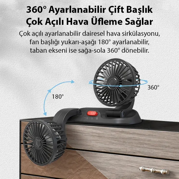 Ally F410 USB Çift Başlıklı Araç Fanı ve Numaratör – Sessiz Oto Vantilatör