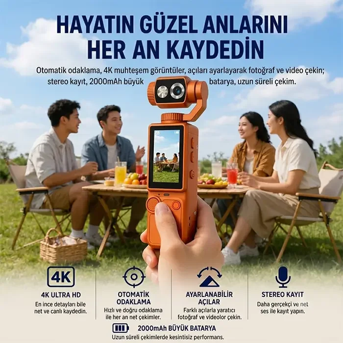 Ally Q8 PocketPro 4K Dijital Vlog ve Aksiyon Kamerası - 3 Eksenli Stabilizasyonlu
