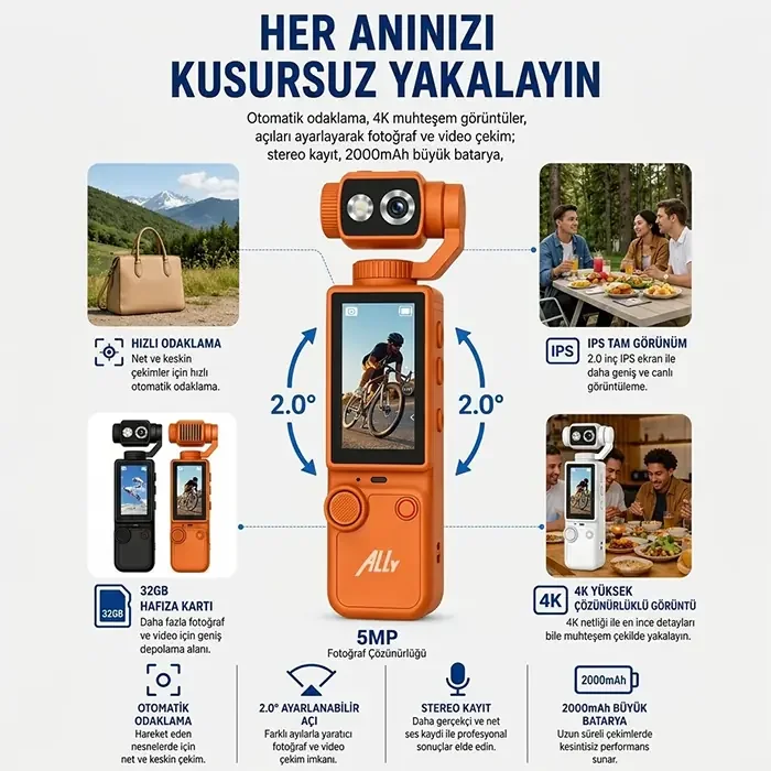 Ally Q8 PocketPro 4K Dijital Vlog ve Aksiyon Kamerası - 3 Eksenli Stabilizasyonlu