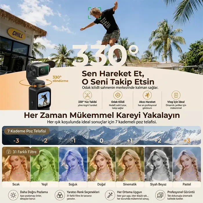 Ally Q8 PocketPro 4K Dijital Vlog ve Aksiyon Kamerası - 3 Eksenli Stabilizasyonlu