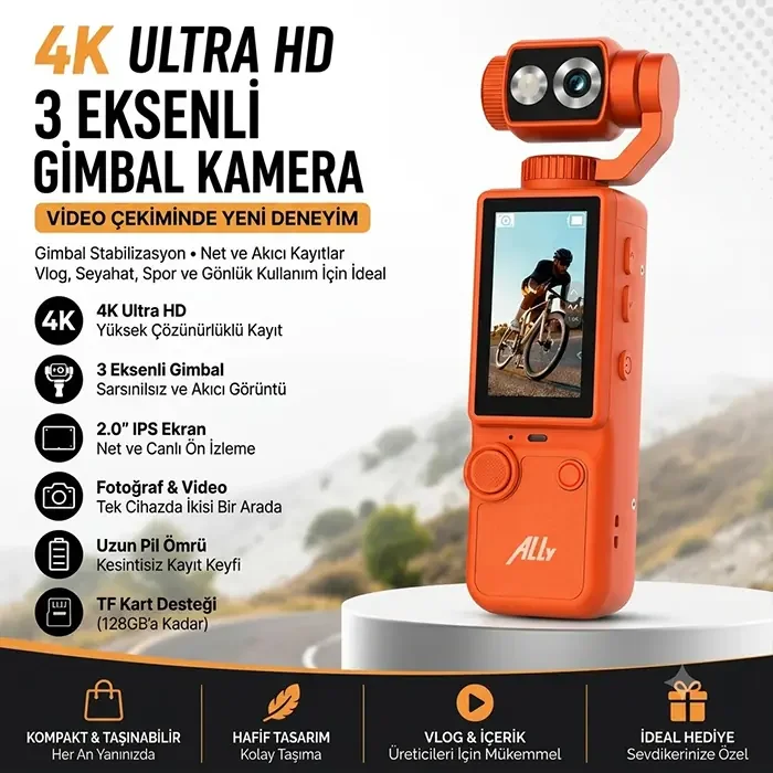 Ally Q8 PocketPro 4K Dijital Vlog ve Aksiyon Kamerası - 3 Eksenli Stabilizasyonlu