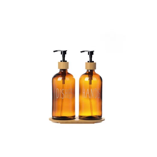 Amber Cam İkili Sıvı Sabunluk Seti 500ml Bambu Altlıklı – Modern Mutfak ve Banyo Dekorasyonu