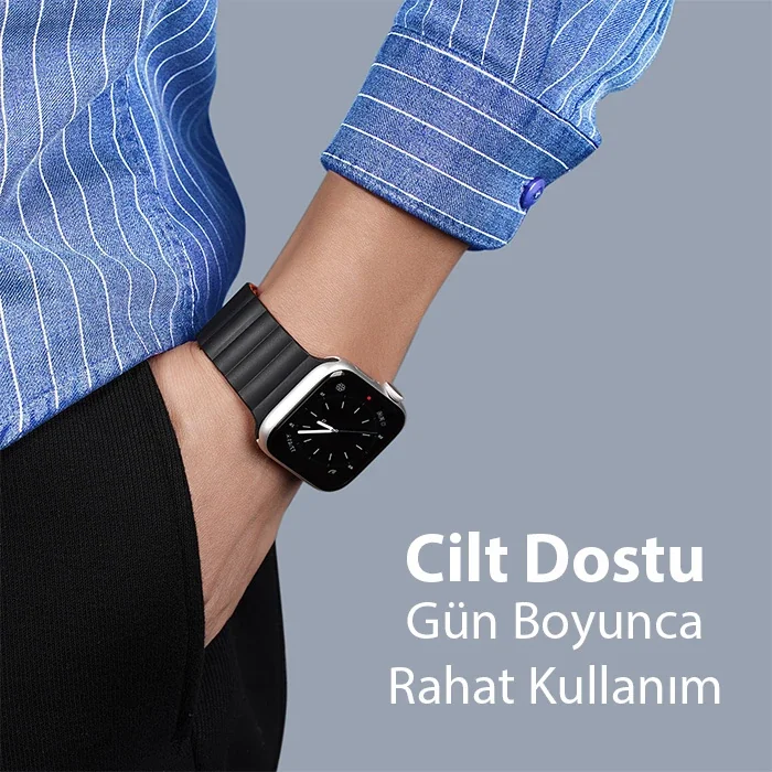 Apple Watch 38/40/41mm Manyetik PU Deri Kayış - Terleme Yapmaz Bilek Tahrişi Gider