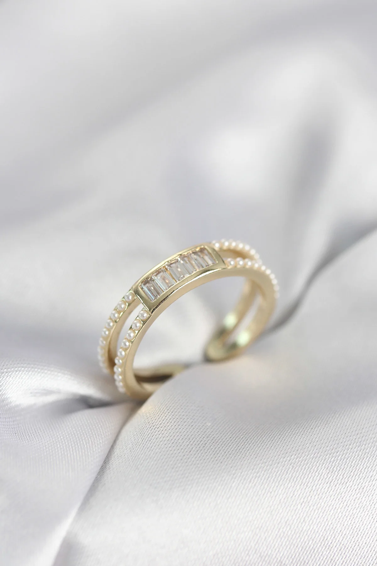 Northcity Baget Zirkon Taşlı Gold Renk İncili Kadın Yüzük - Şık v