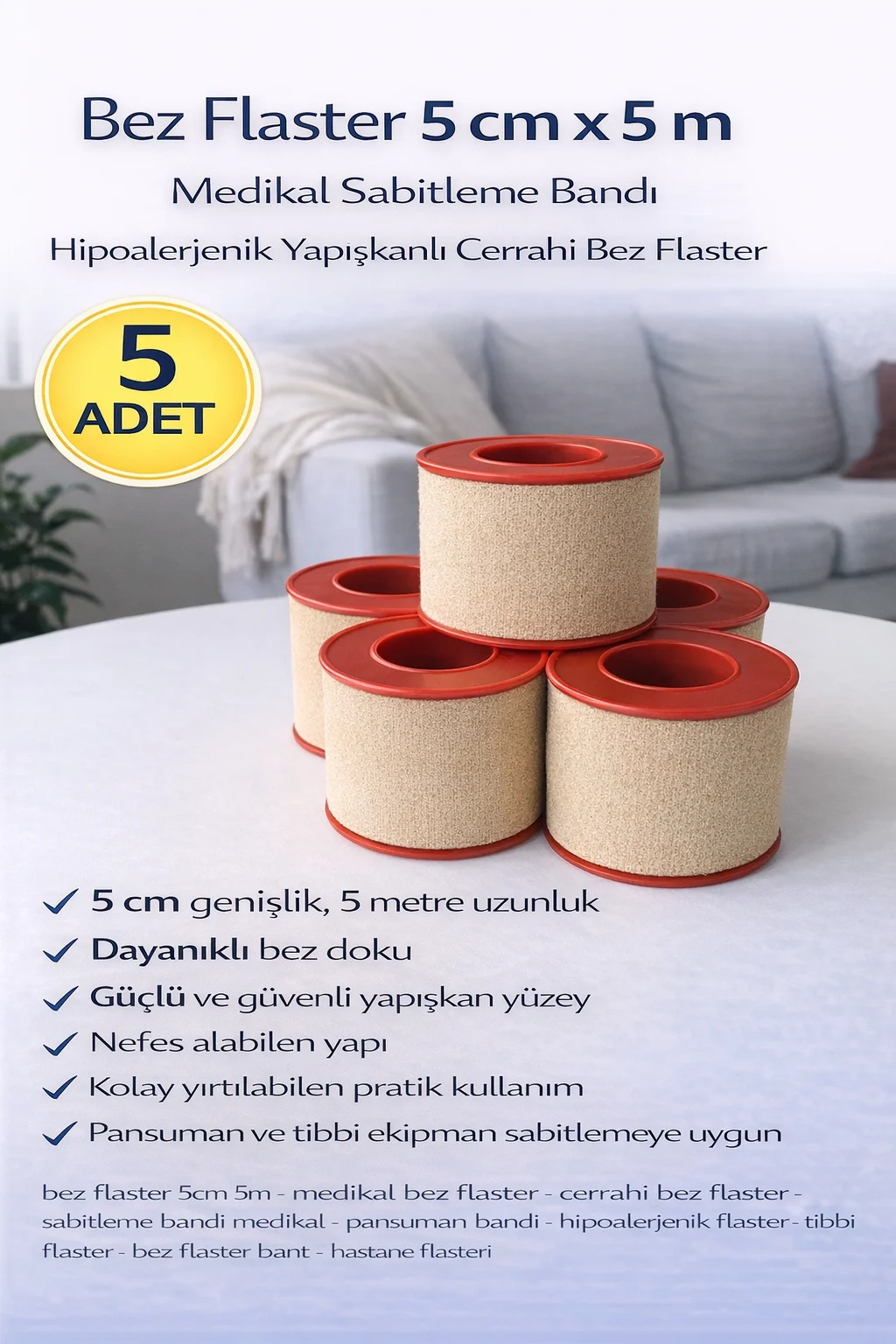 Northcity Bez Flaster 5 cm x 5 m Medikal Sabitleme Bandı Hipoaler
