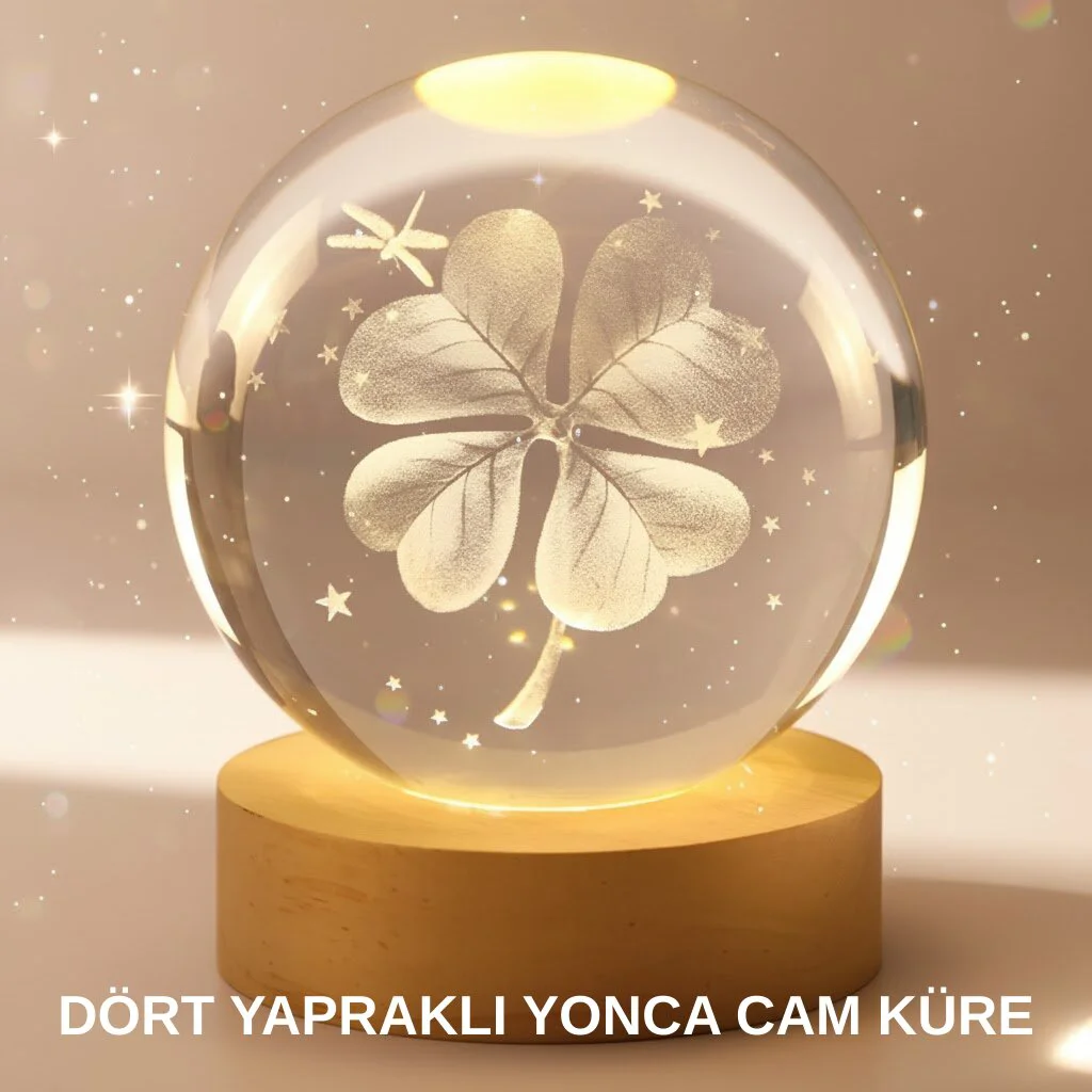 Bitki Temalı LED Işıklı Cam Küre Gece Lambası Ahşap Standlı Yonca Figürü Modern Aydınlatma