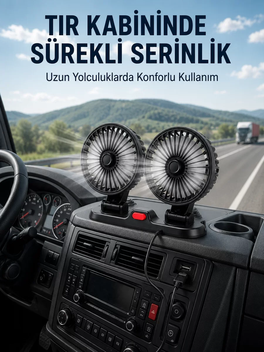 Çift Başlıklı Araç İçi USB Vantilatör Soğutucu Fan - Sürücü ve Yolcu İçin Dengeli Hava Dağıtımı