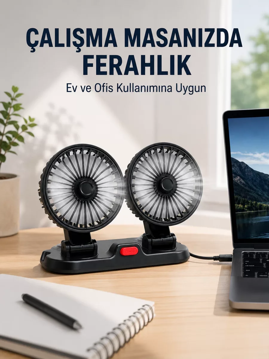 Çift Başlıklı Masaüstü Vantilatör - Hava Akışını Kişiselleştirin, Ev ve Araçta Pratik Serinlik