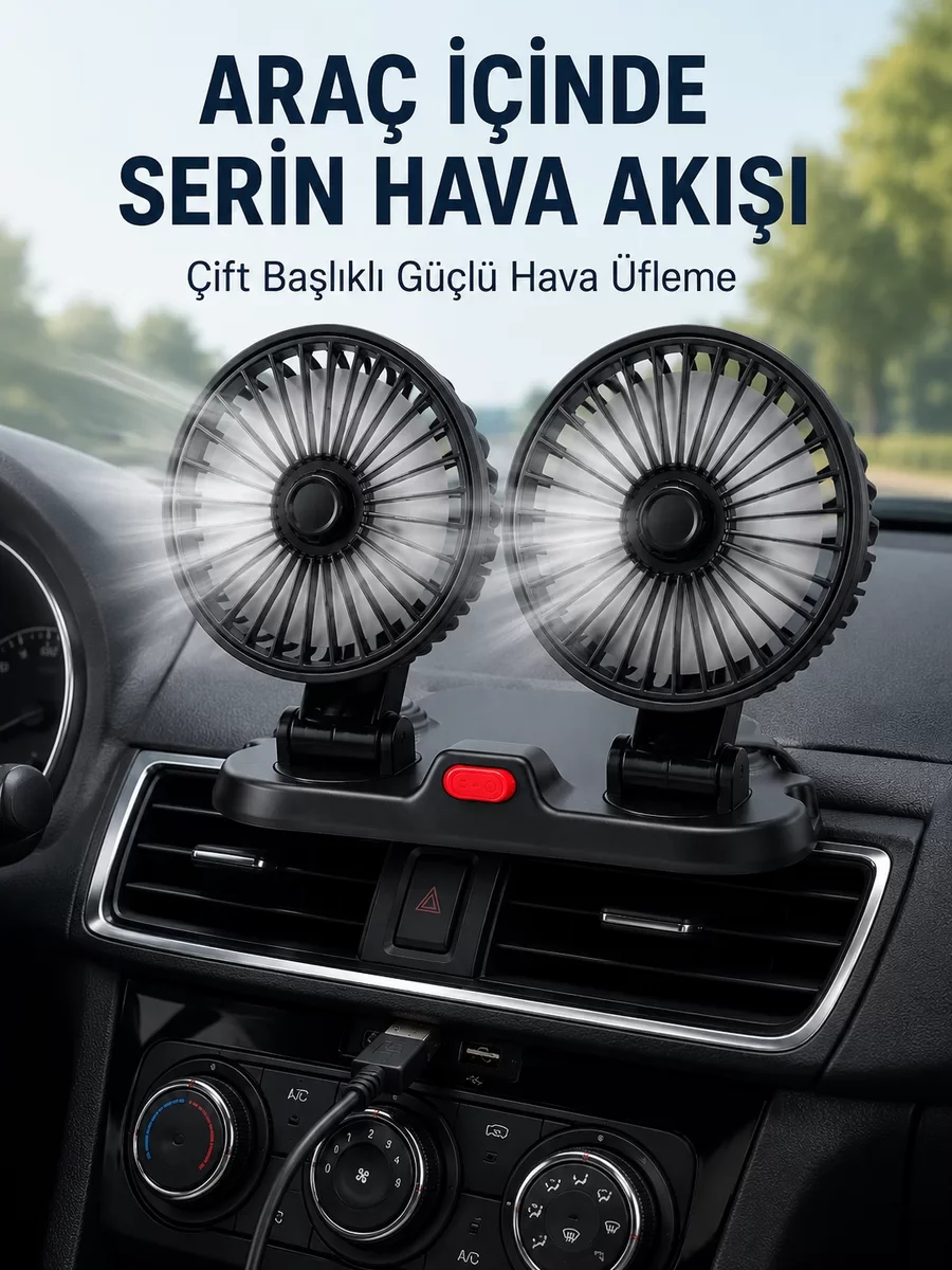 Çift Başlıklı Sessiz Araç İçi Vantilatör - Karavan ve Ofis İçin USB Hava Pompası