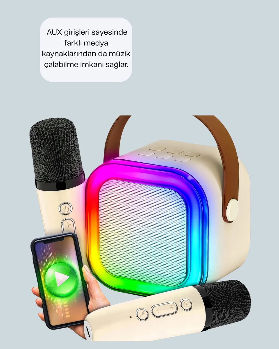 Çift Mikrofonlu Kompakt Karaoke Hoparlör – Uzun Pil Ömrü, Bluetooth 5.0 ve Taşınabilir Tasarım