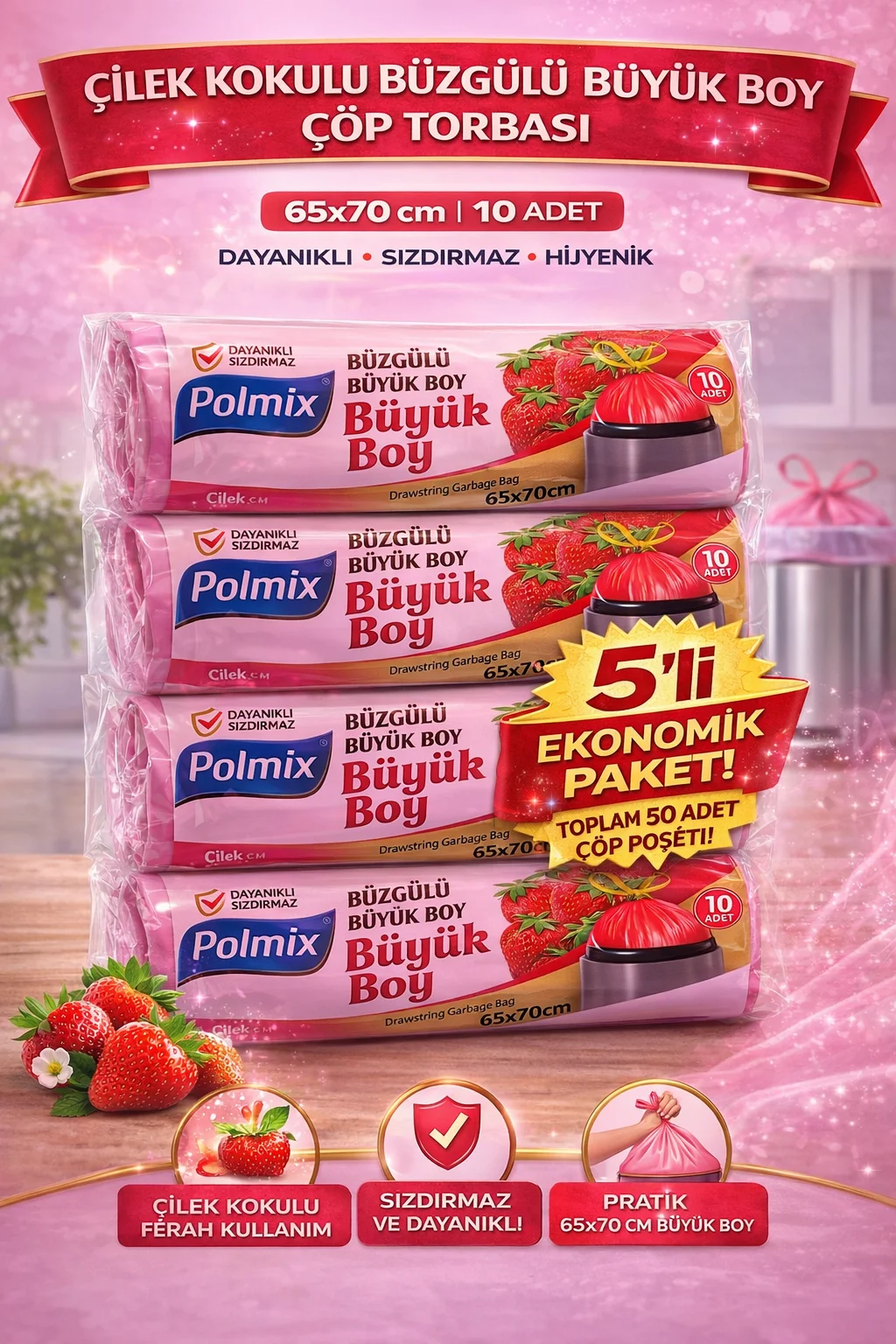 Çilek Kokulu Büzgülü Büyük Boy Sızdırmaz Çöp Torbası 65x70 cm 10'lu 5 Paket