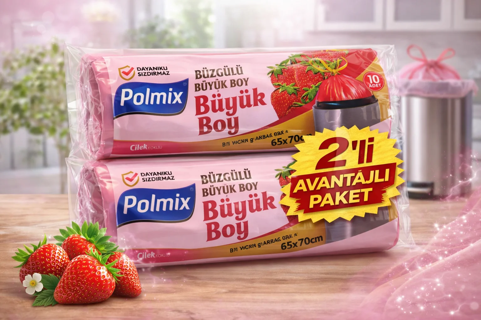 Çilek Kokulu Büzgülü Büyük Boy Çöp Torbası 65x70 cm - 10'lu 2 Paket Dayanıklı Sızdırmaz Çöp Poşeti