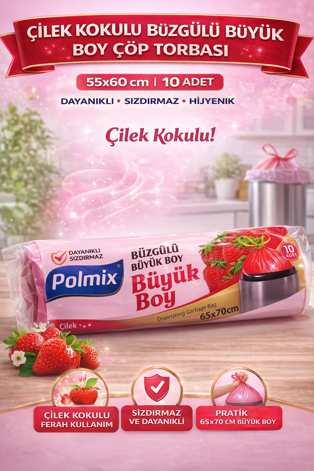 Northcity Çilek Kokulu Büzgülü Büyük Boy Çöp Torbası 65x70 - Sızd