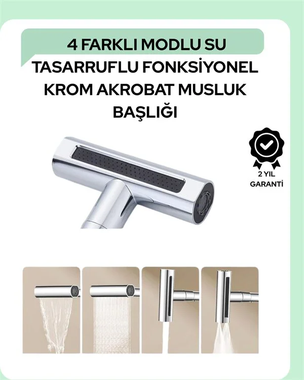 Çok Fonksiyonlu Musluk Başlığı - 4 Su Modu, Krom Kaplama, Mutfak ve Banyo Uyumlu