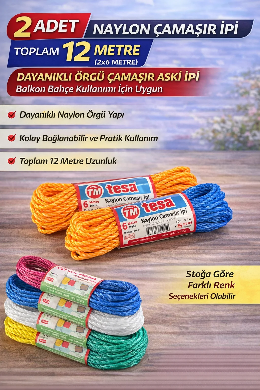 Dayanıklı Örgü Çamaşır İpi - 2 Adet 6 Metre (Toplam 12 Metre)