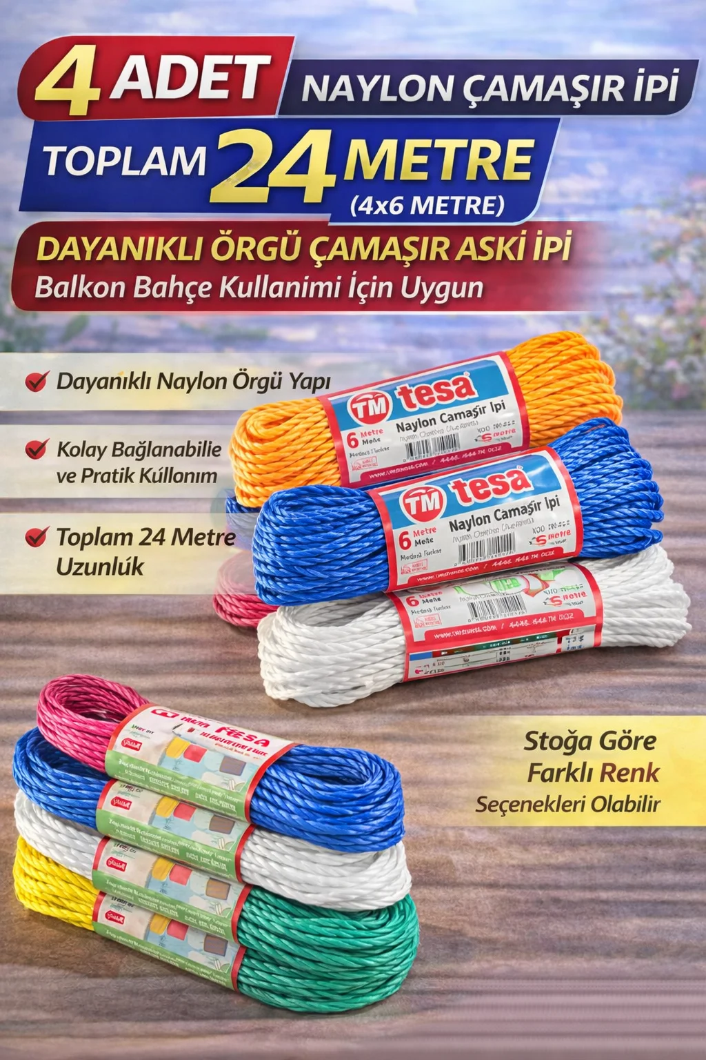 Dayanıklı 4 Adet Naylon Çamaşır İpi - 24 Metre Örgü Askı İpi