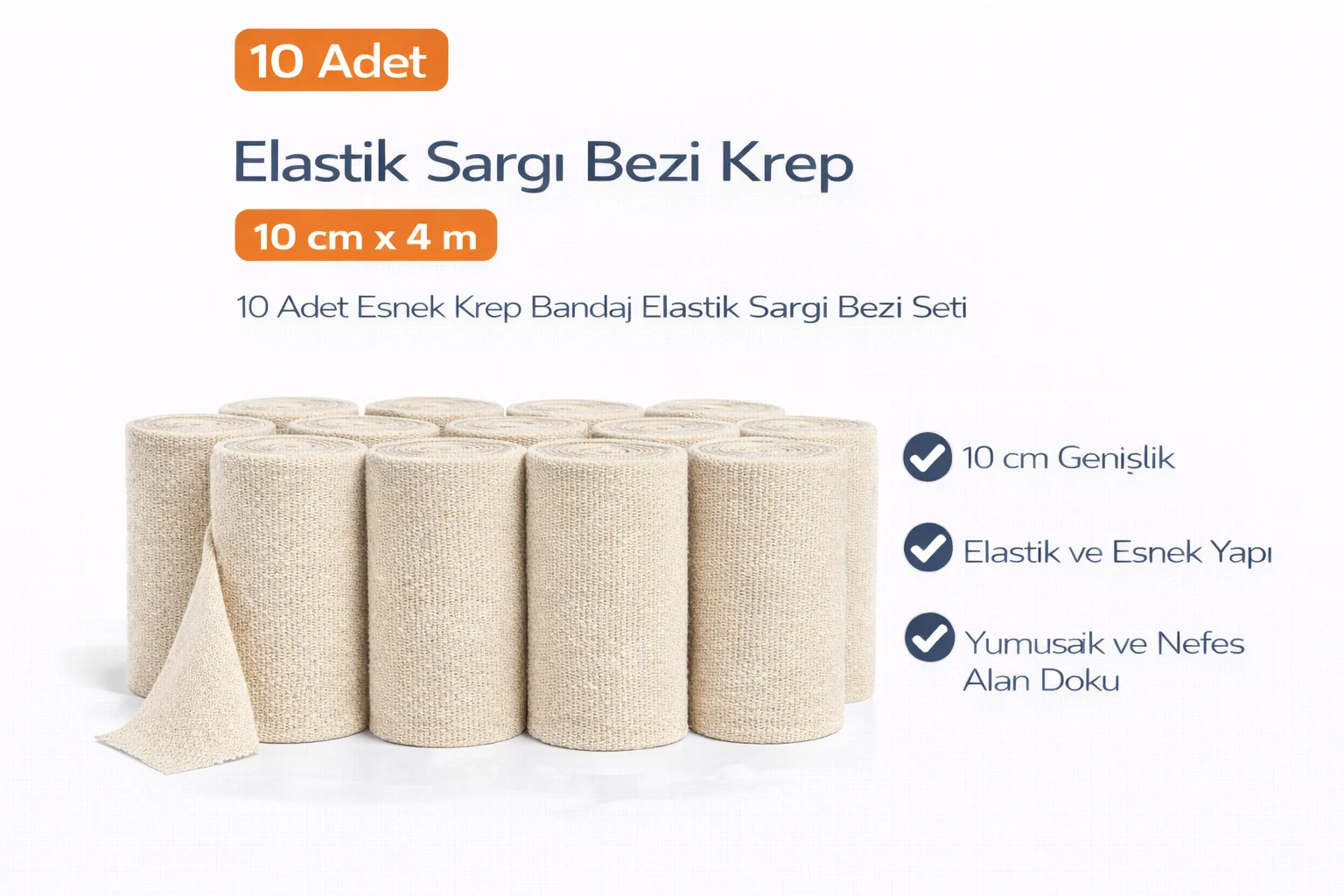 Elastik Sargı Bezi Krep 10 cm x 4 m 10 Adet Esnek Sargı Bandajı Seti