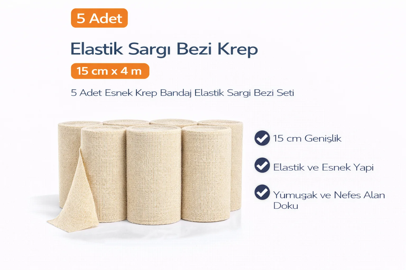 Elastik Sargı Bezi Krep 15 cm x 4 m - 5 Adet Esnek Sargı Seti