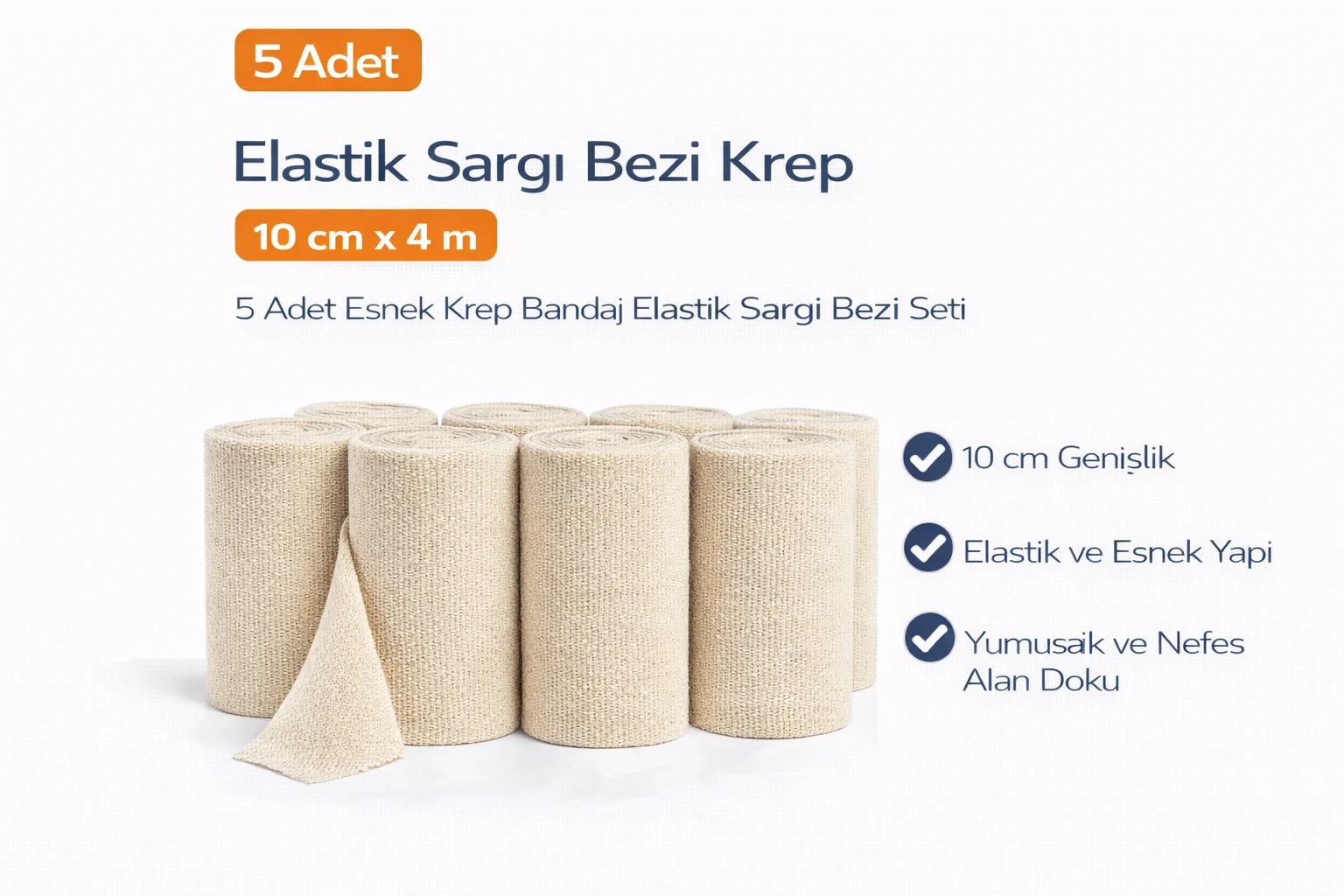 Elastik Sargı Bezi Krep 10 cm x 4 m Esnek Krep Bandaj 5 Adet Seti - Rahat ve Konforlu Sargı Çözümü