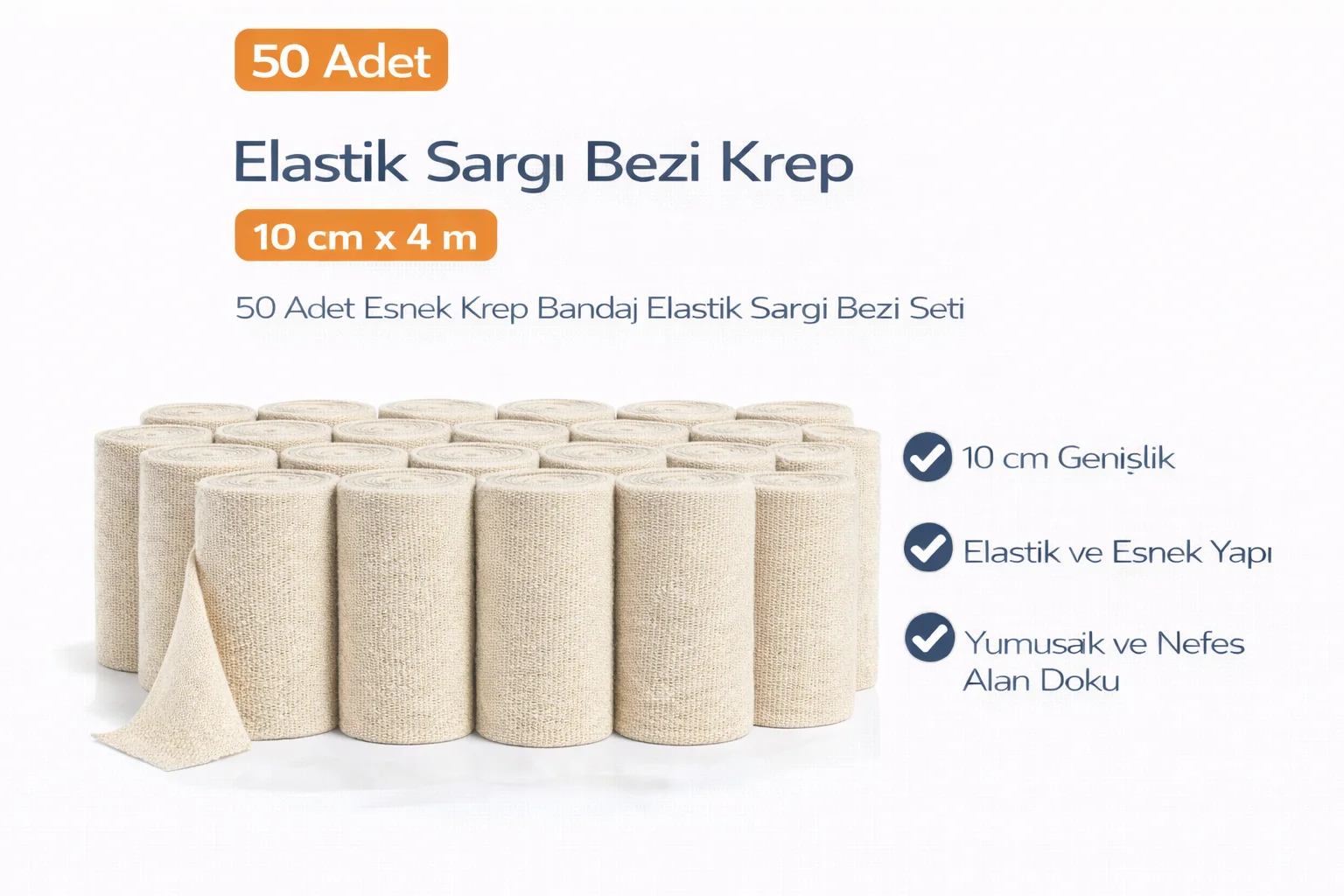 Northcity Elastik Sargı Bezi Krep 10 cm x 4 m - 50 Adet Esnek ve 