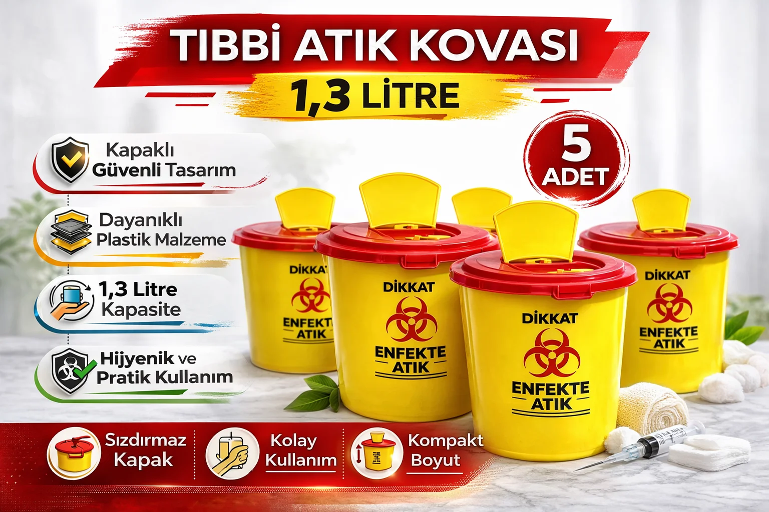 Enfekte Atık Kovası Seti 1.3L Kompakt Kapaklı Tıbbi Atık Kutusu - 5 Adet