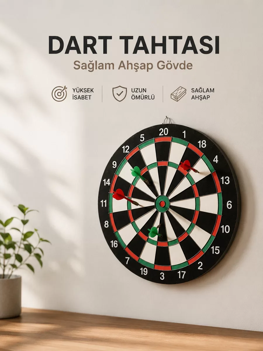 Ev Ofis İçin 17 inç Sağlam Ahşap Dart Tahtası - Kapsamlı 4'lü Set ile Eğlence
