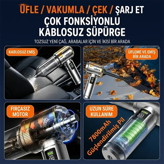 EZERE Nanovac 22000Pa Güçlü Portatif Vakumlu Kablosuz Üflemeli Mini Araç Süpürgesi - 5775