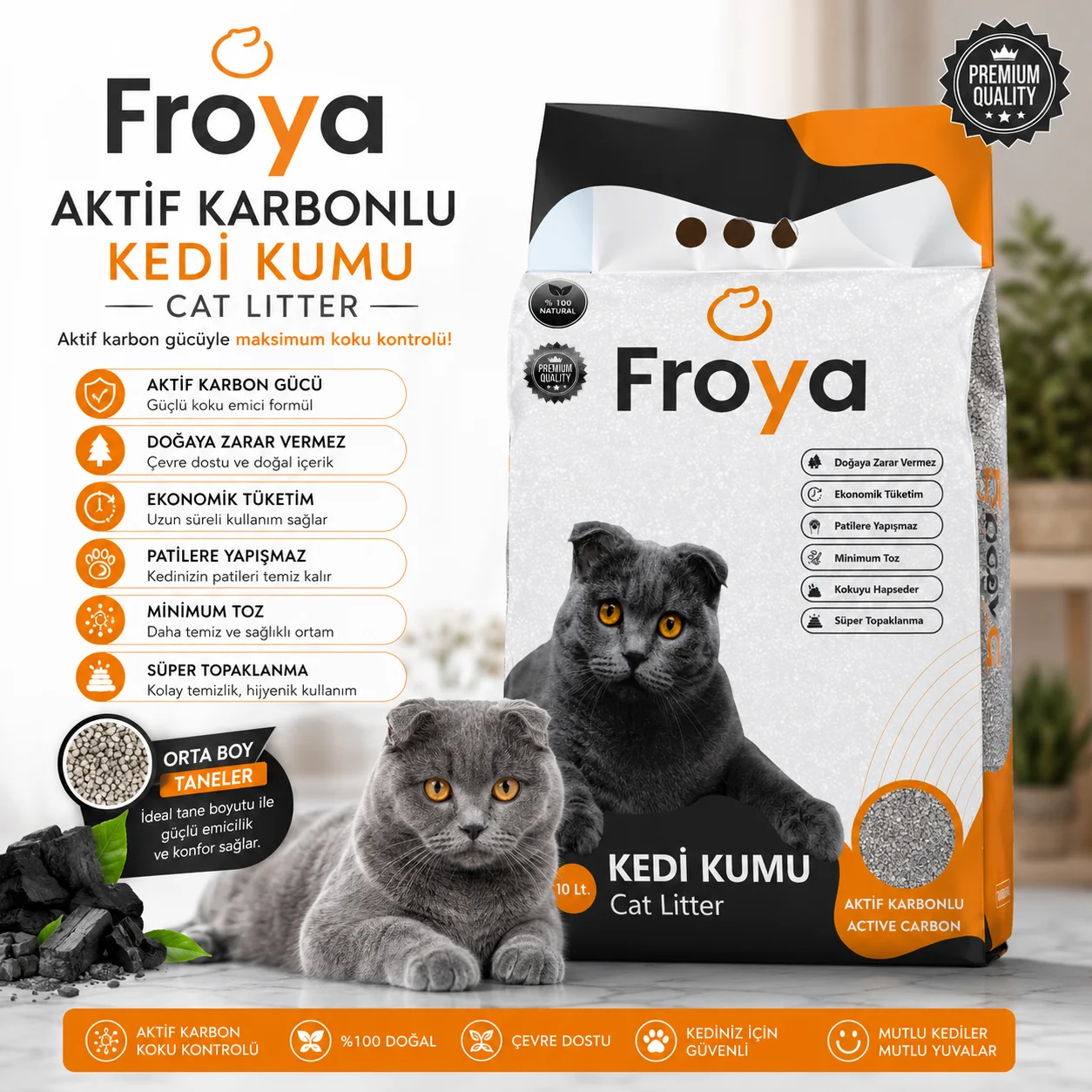 Northcity Froya Aktif Karbonlu Kedi Kumu 10 Lt Orta Taneli Topaklanan Kokusuz Doğal Kedi Kumu - En İyi Koku Kontrolü