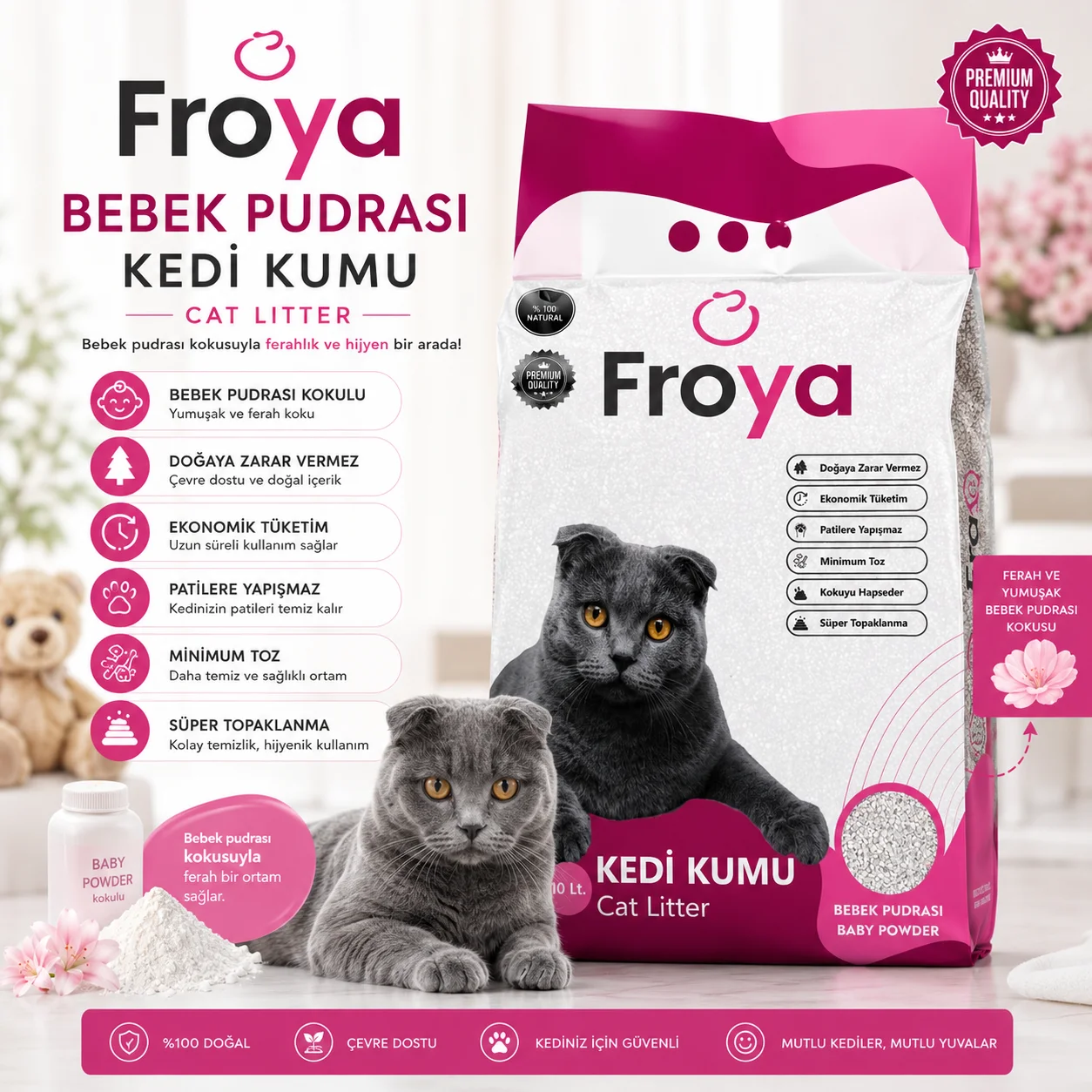Northcity Froya Bebek Pudrası Kokulu Kedi Kumu 10 Lt Orta Taneli Topaklanan Tozsuz Kedi Kumu