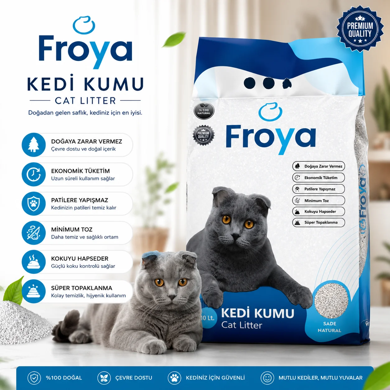 Northcity Froya Kokusuz Sade Kedi Kumu 10 Lt Orta Taneli Doğal Topaklanan Tozsuz Kedi Kumu