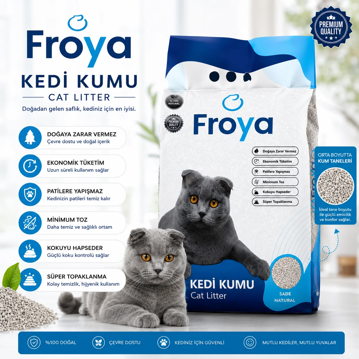 Northcity Froya Kokusuz Sade Kedi Kumu 10 Lt Orta Taneli Doğal Topaklanan Tozsuz Kedi Kumu