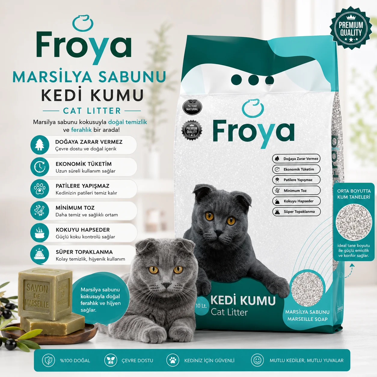Northcity Froya Marsilya Sabunu Kokulu Kedi Kumu 10 Lt - Orta Taneli, Topaklanan ve Tozsuz Kedi Kumu