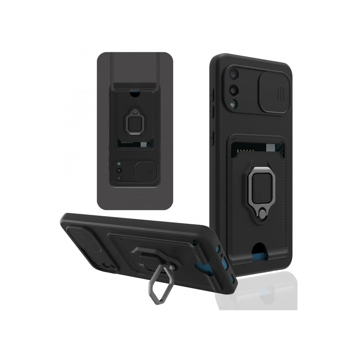 Northcity Galaxy A02 Kılıf Zuma - Kart Bölmeli, Metal Yüzük ve Kamera Korumalı Siyah Kılıf