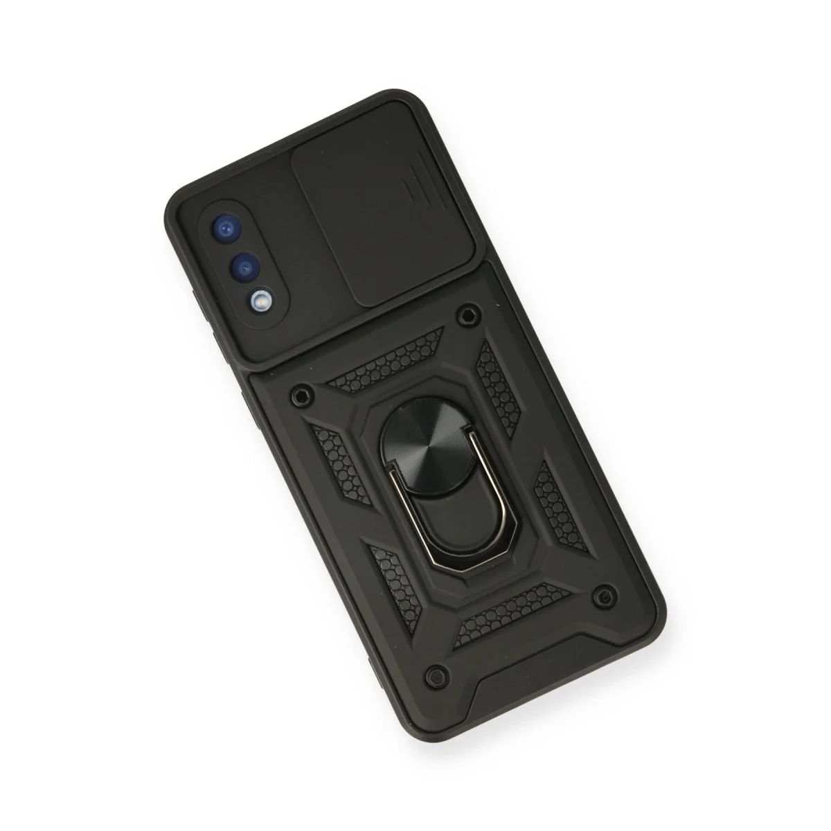 Northcity Galaxy A02 Silikon Kılıf - Lens Kalkanlı Standlı Siyah Kılıf