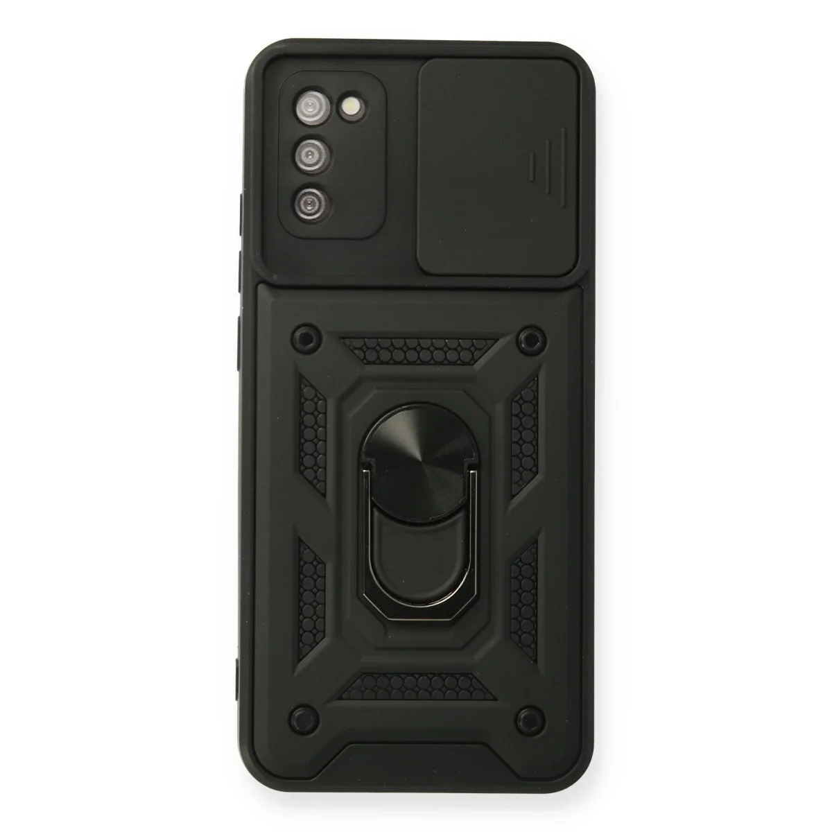 Northcity Galaxy A03S Kılıf - Siyah Silikon Kılıf - Pars Lens Yüzüklü Kamera ve Stand Korumalı