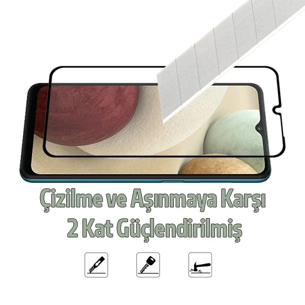 Galaxy A12 Full Kaplama 9H Temper Cam Ekran Koruyucu – Çerçeveli, Baloncuksuz