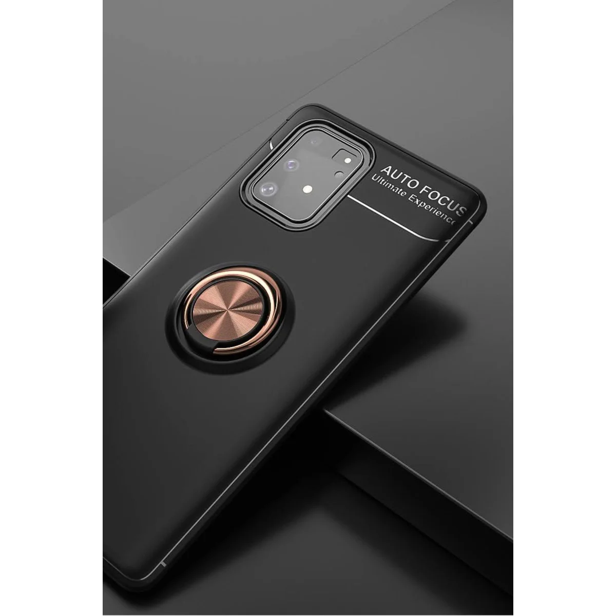 Northcity Galaxy A91 S10 Lite Yüzük Halkalı Silikon Kılıf - Siyah-Gold Stand ve Mıknatıs Koruması