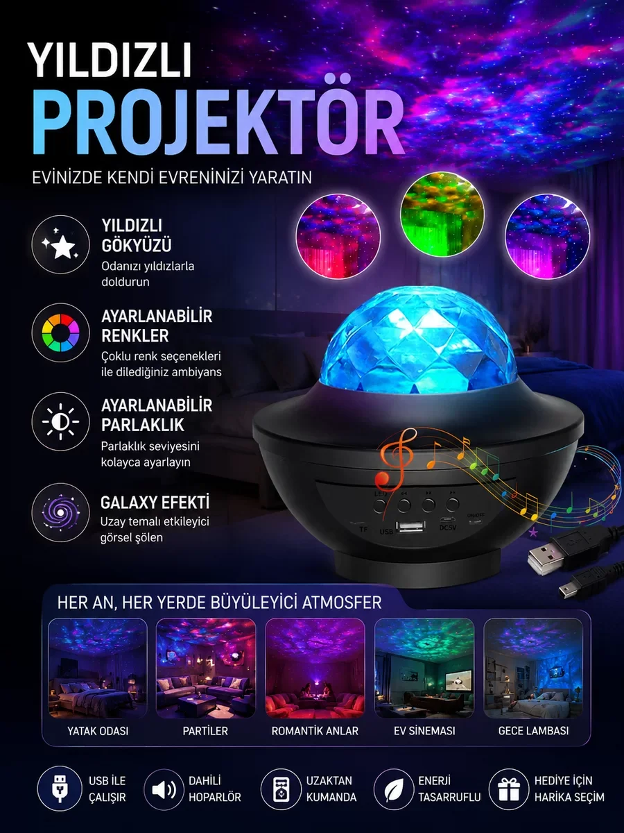 Northcity Galaxy Efektli LED Gece Lambası Projektörü Bluetooth Ba