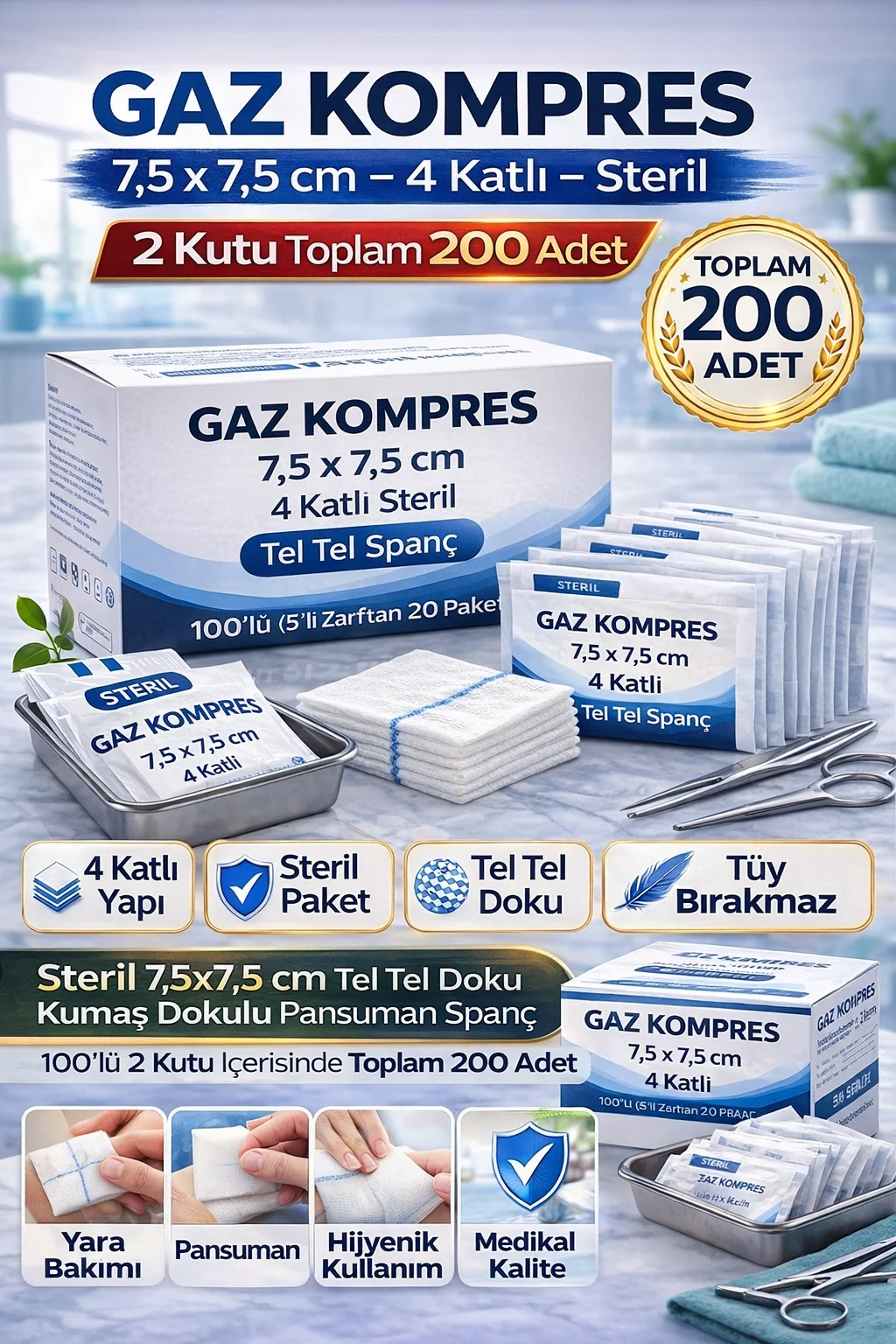 Northcity Gaz Kompres 7,5x7,5 cm 4 Katlı Pansuman Bezi 2 Kutu - Y