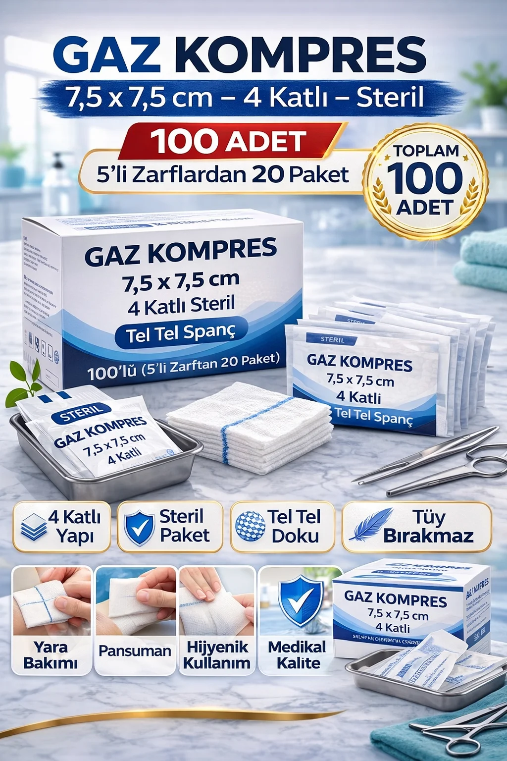 Northcity Gaz Kompres 7.5x7.5 cm 4 Katlı Non-Steril Pansuman Bez 