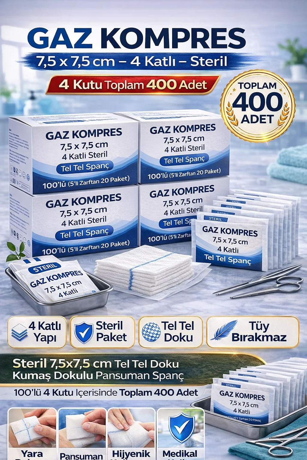 Northcity Gaz Kompres 7.5x7.5 cm 4 Katlı Pansuman Bezi – 400 Adet
