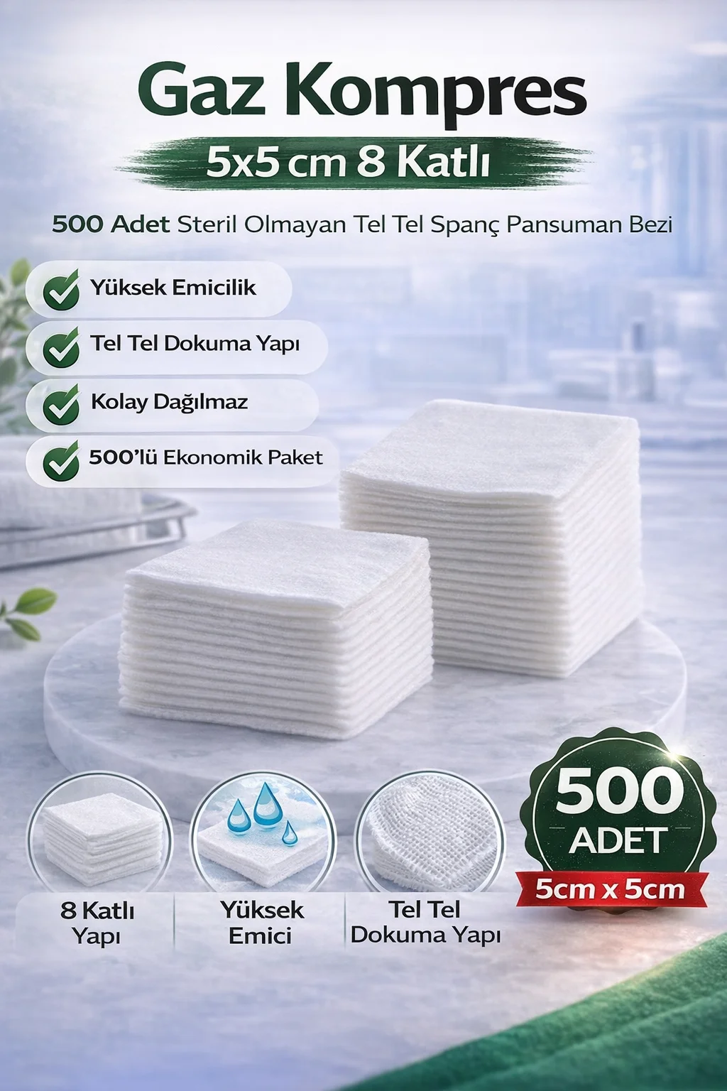 Northcity Gaz Kompres 5x5 cm 8 Katlı 500 Adet Steril Olmayan Pans