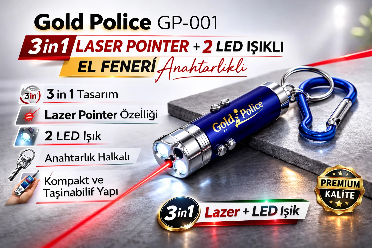 Gold GP-001 3 in 1 Lazer + 2 LED El Feneri Anahtarlıklı - Pratik Sunum ve Güvenli Gece Işıkları