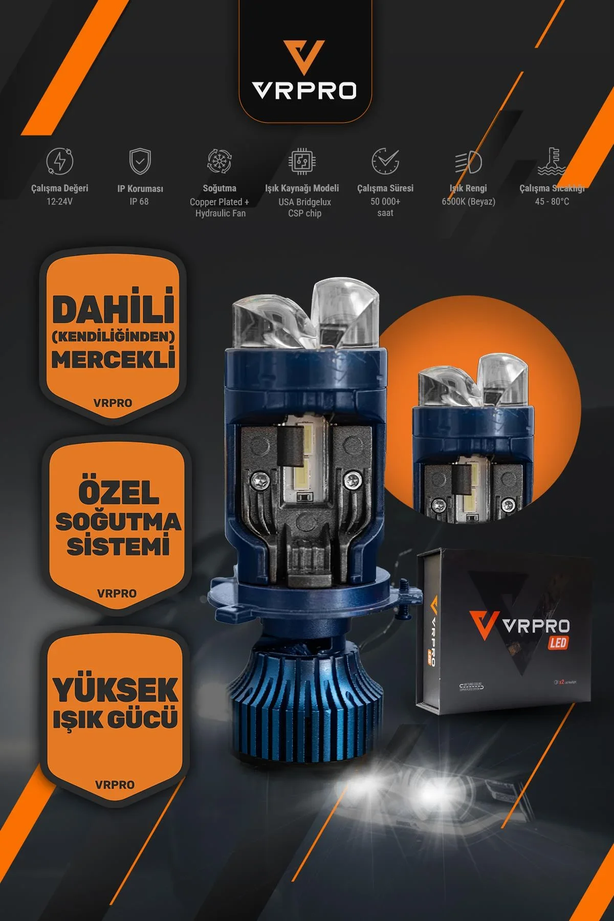 H4 Platinum Mercekli LED Far Ampulü 12V Çift Fazlı Uzun Kısa Fanlı Beyaz Işık