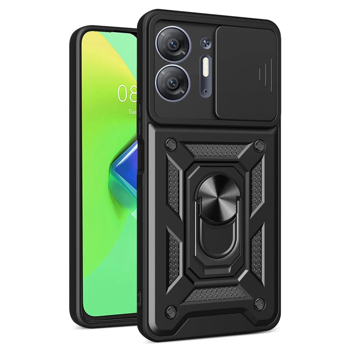 Northcity Hot 30 5G Kılıf - Siyah Pars Lens Korumalı Kılıf ve Metal Stand