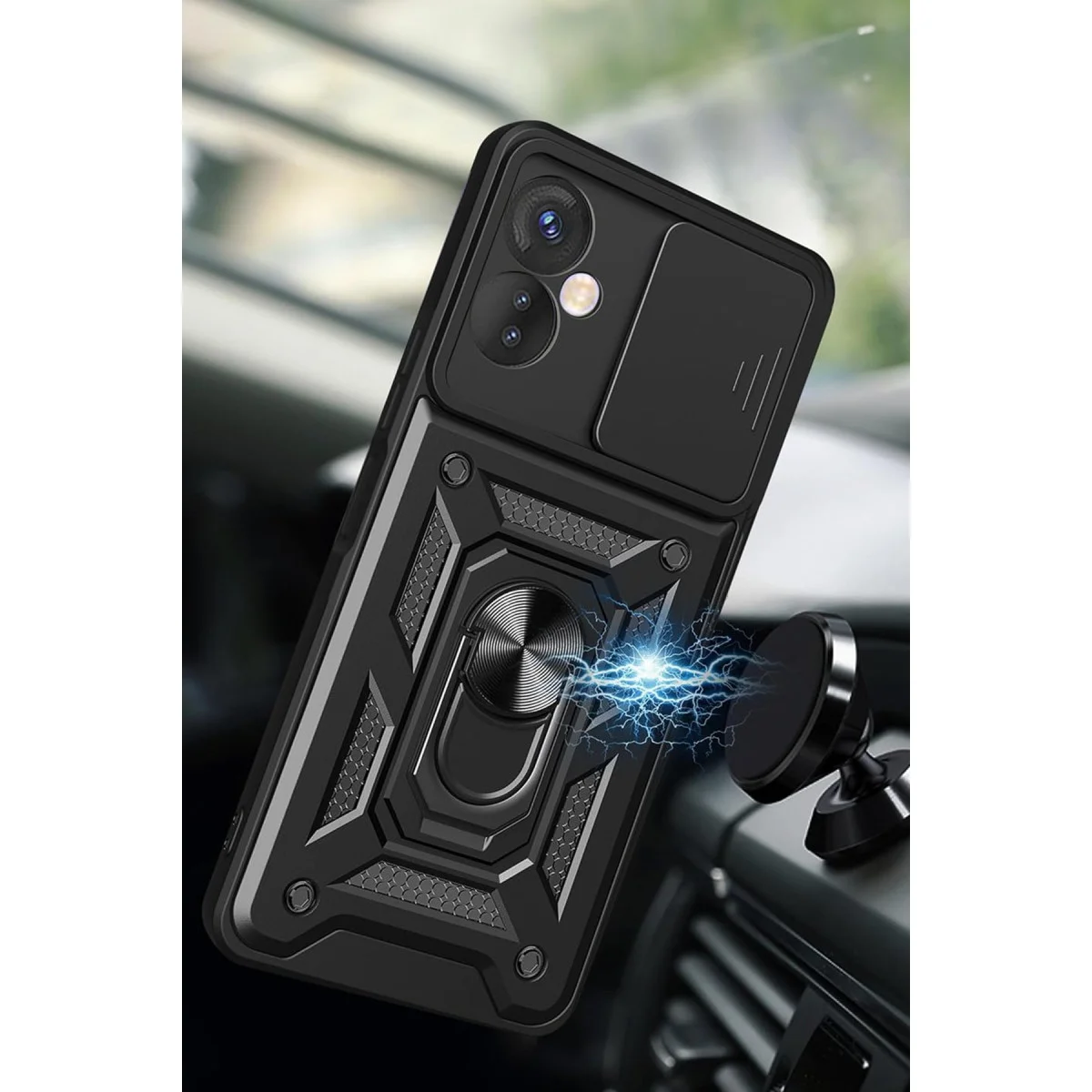 Northcity Hot 30 5G Kılıf - Siyah Pars Lens Korumalı Kılıf ve Metal Stand