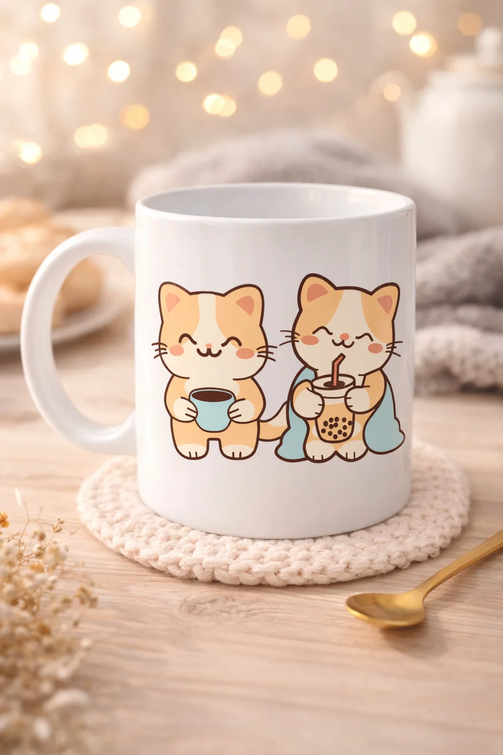 Northcity İkili Cute Cat Tasarımlı Porselen Kupa 330 ml - Kedi Se